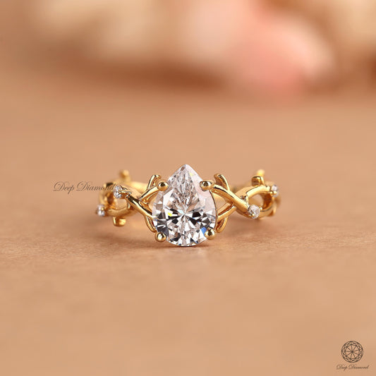 Pear Cut Lab Grown Diamond Engagement Ring, Nature Inspired Leaf Style Diamond Ring for Women, IGI Certified Diamond Ring, Proposal Ring