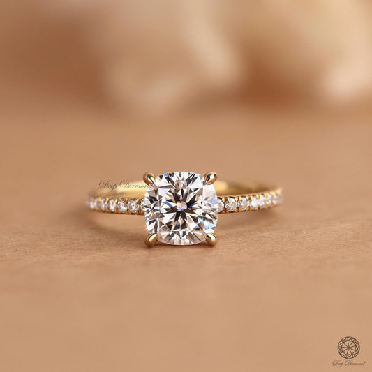 Cushion Cut Diamond Ring, IGI Certified F/VS1 Lab Grown Diamond Ring with Side Round Band, Hidden Halo Engagement Ring, Comfort Fit Ring