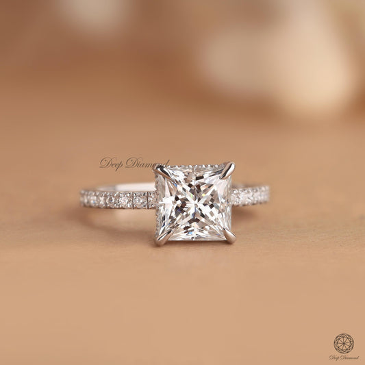 2.5 CT Princess Cut Lab Grown Diamond Ring | Hidden Halo Solitaire Engagement Ring | IGI Certified | Comfort Fit Wedding Ring Gift