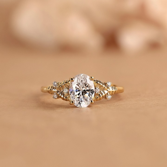Nature Inspired Oval Lab Grown Diamond Engagement Ring IGI Certified EF VS1 Leaf Design Vintage Solitaire 14K Gold Botanical Wedding Ring Valentine Day Gift for her.