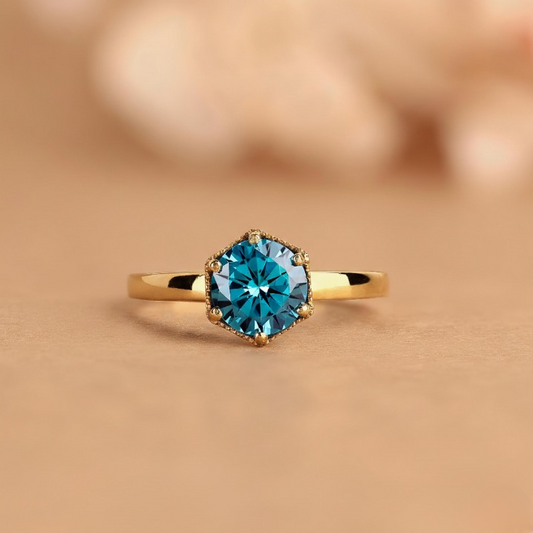 Vivid Blue Lab Grown Diamond Engagement Ring Round Cut Fancy Blue Diamond Solitaire 14K Gold Milgrain Wedding Ring Unique Anniversary & Valentine Day Gift