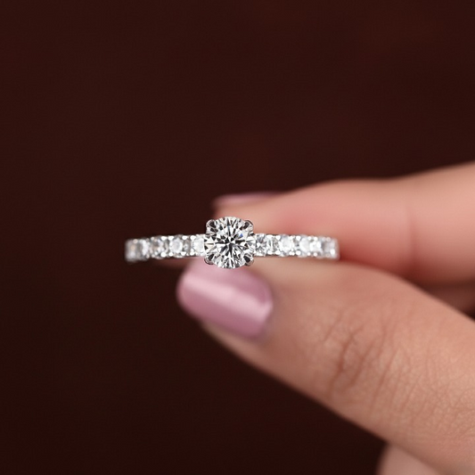 Dainty Lab Grown Diamond Engagement Ring 0.25 to 1.0 CT Round Solitaire 14K Gold Side Pave Wedding Band Valentine's Day Gift Promise Ring.