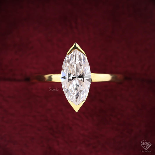 Half Bezel Marquise Lab Grown Diamond Solitaire Engagement Ring | 14K Solid Gold Wedding Band | Delicate Stacking Anniversary Gift for her.