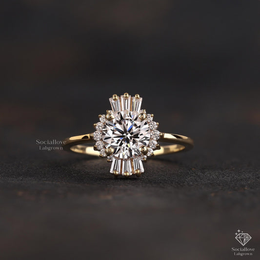 1.3 CT Round Lab Grown Diamond Vintage Halo Engagement Ring | 14K Gold Starburst Wedding Ring Gift for her.