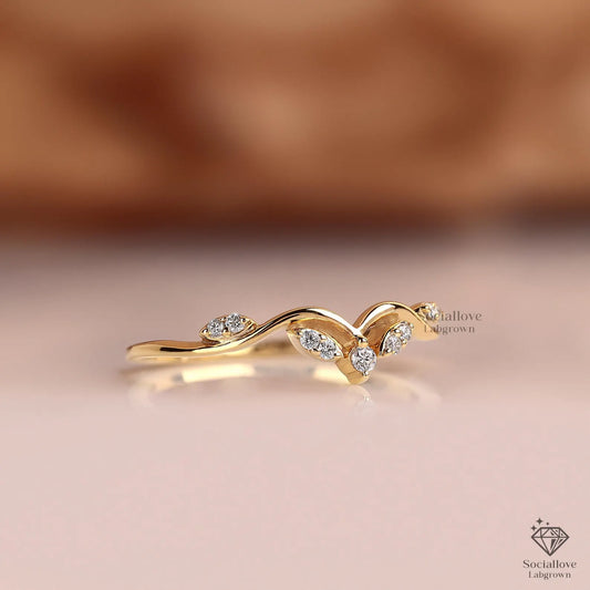 Vintage Style Curved Lab Diamond Wedding Band - Dainty Cluster Minimalist Stacking Ring in 14K Gold Gift for Women.