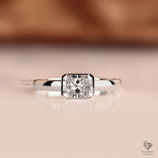 IGI Certified 1 Ct Lab Diamond Ring | East-West Radiant Solitaire Bezel Set Engagement Ring Anniversary Gift for Women.