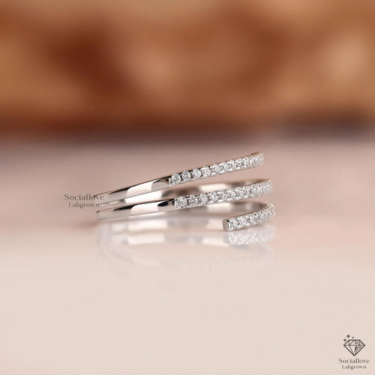 Lab Grown Diamond Spiral Wrap Ring, Micro Pave Triple Row Cuff Ring, Modern Lab Created Wedding Band, Comfort Fit Anniversary Proposal Gift for her.