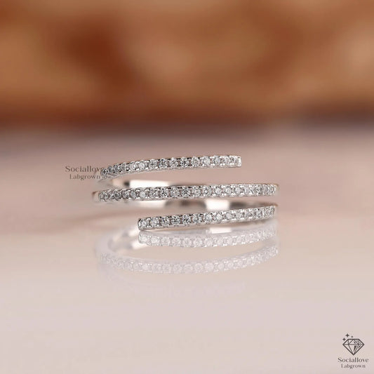 Lab Grown Diamond Spiral Wrap Ring, Micro Pave Triple Row Cuff Ring, Modern Lab Created Wedding Band, Comfort Fit Anniversary Proposal Gift for her.