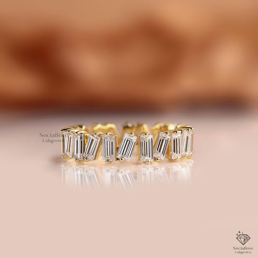 Dainty Baguette Diamond Bar Set Band | 14K Gold Stacking Ring | Handmade Anniversary Gift for Women.