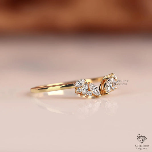 Marquise & Round Diamond Open Band | Stacking Leaf Ring | Lab Grown Diamond Wedding Ring Anniversary Gift for her.