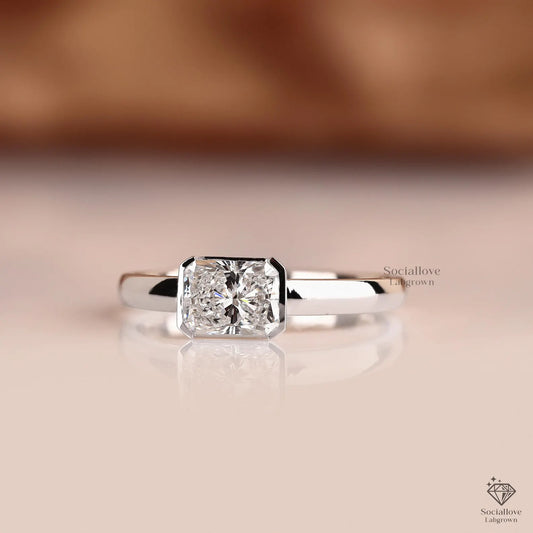 IGI Certified 1 Ct Lab Diamond Ring | East-West Radiant Solitaire Bezel Set Engagement Ring Anniversary Gift for Women.