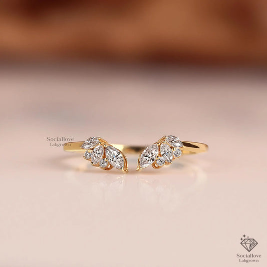Marquise & Round Diamond Open Band | Stacking Leaf Ring | Lab Grown Diamond Wedding Ring Anniversary Gift for her.