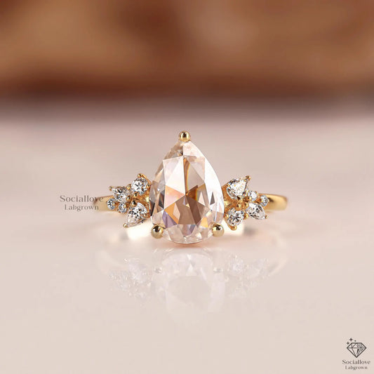 2.00 CT Rose Cut Pear Cluster Engagement Ring - IGI Certified Lab Diamond Bridal Ring - Comfort Fit.