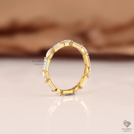 Alternating Marquise and Baguette Diamond Eternity Band | 2.5mm Lab Grown Diamond Stacking Ring | Minimalist Wedding Band 14K Gold Gift for Women.