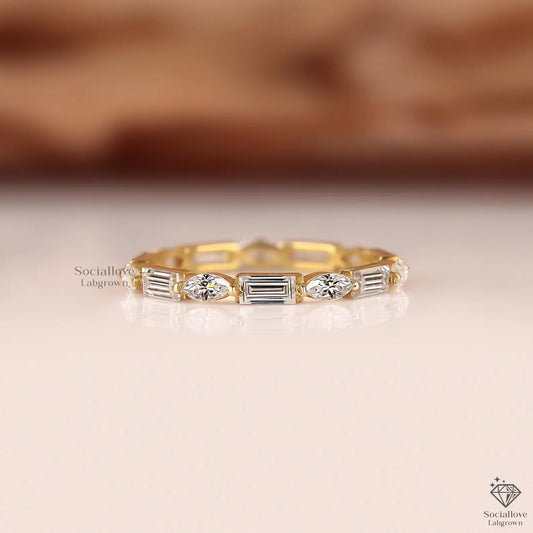 Alternating Marquise and Baguette Diamond Eternity Band | 2.5mm Lab Grown Diamond Stacking Ring | Minimalist Wedding Band 14K Gold Gift for Women.