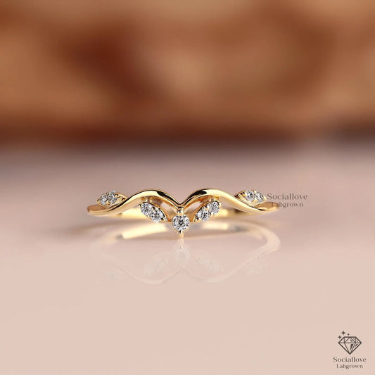 Vintage Style Curved Lab Diamond Wedding Band - Dainty Cluster Minimalist Stacking Ring in 14K Gold Gift for Women.