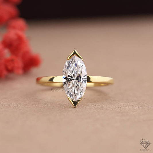 Half Bezel Marquise Lab Grown Diamond Solitaire Engagement Ring | 14K Solid Gold Wedding Band | Delicate Stacking Anniversary Gift for her.