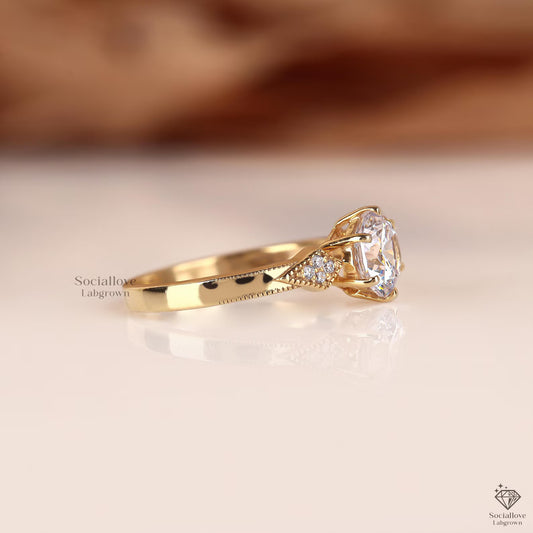 Vintage IGI Certified Lab Grown Diamond Solitaire Engagement Ring | Milgrain Pave Wedding Ring Anniversary Gift for women.