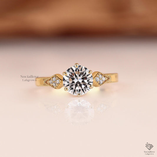 Vintage IGI Certified Lab Grown Diamond Solitaire Engagement Ring | Milgrain Pave Wedding Ring Anniversary Gift for women.