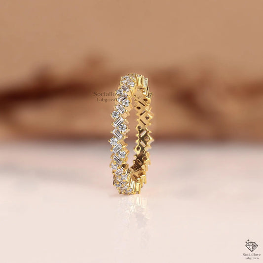 Baguette and Round Lab Grown Diamond Zig Zag Band | Full Eternity Alternate Stackable Ring | 14K Gold Art Deco Wedding Band for Her