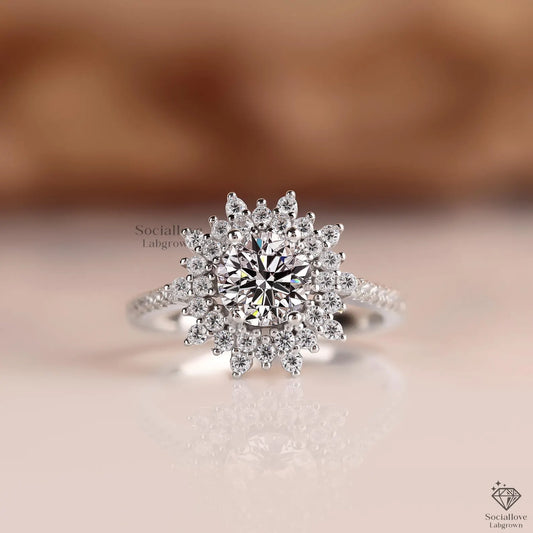Sunburst Halo Diamond Engagement Ring - 14K Gold - IGI Certified Lab-Grown Brilliant Round Ring Anniversary Gift For Women.
