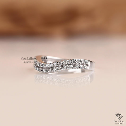 Curved Lab Grown Diamond Wedding Band | Double Row Pave Half Eternity Matching Ring Wedding Band, Anniversary Gift for her.