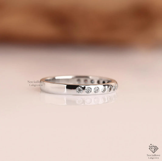 Flush Set Lab Grown Diamond Half Eternity Band | 14K Gold Dainty Comfort Fit Stacking Ring Gift for women.