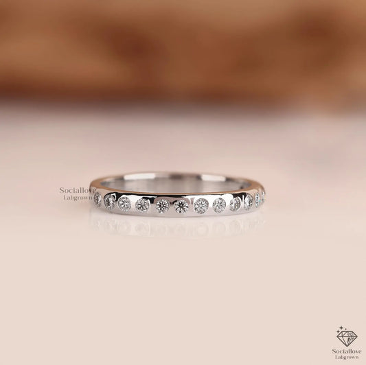 Flush Set Lab Grown Diamond Half Eternity Band | 14K Gold Dainty Comfort Fit Stacking Ring Gift for women.