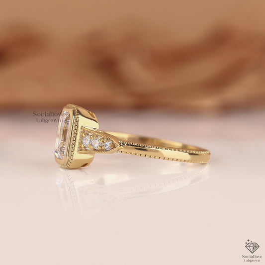 Vintage Art Deco Emerald Cut Engagement Ring - IGI Certified Lab Diamond Milgrain Bezel Set Ring Gift for her.