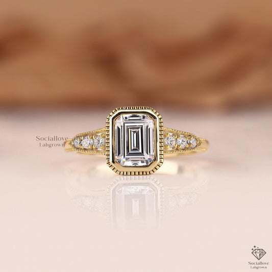 Vintage Art Deco Emerald Cut Engagement Ring - IGI Certified Lab Diamond Milgrain Bezel Set Ring Gift for her.