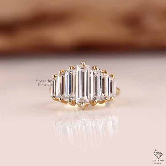 Luxurious Seven Stone Baguette Lab Grown Diamond Engagement Ring | 14K Gold Bar Setting Wedding & Bridal Gift for Women.