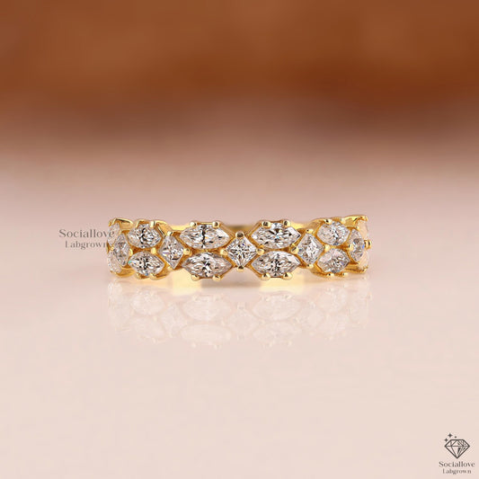 Mixed Cut Half Eternity Lab Grown Diamond Band | 14K Gold Marquise & Princess Cluster Wedding Ring Anniversary Gift for Women.