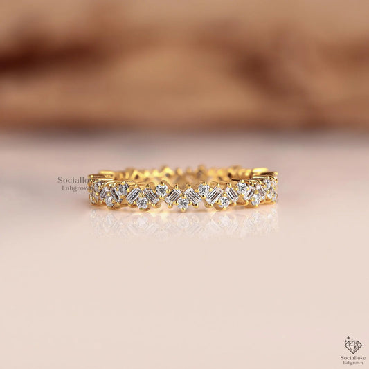 Baguette and Round Lab Grown Diamond Zig Zag Band | Full Eternity Alternate Stackable Ring | 14K Gold Art Deco Wedding Band for Her