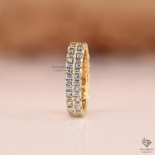 Double Row Baguette and Round Lab Grown Diamond Eternity Band | 14K Gold Bridal Wedding Ring | Full Eternity Stackable Gift for Her.
