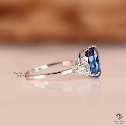 Pear Cut Blue Lab Grown Diamond Three Stone Ring | IGI Certified Sapphire Blue Teardrop Engagement Ring | 14K Gold Handmade Anniversary Gift for her.