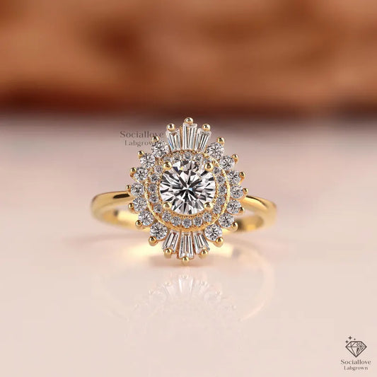 Art Deco Sunburst Halo Lab Grown Diamond Engagement Ring Vintage Round & Baguette Cluster Ring 14K Gold IGI Certified Anniversary Gift for her.