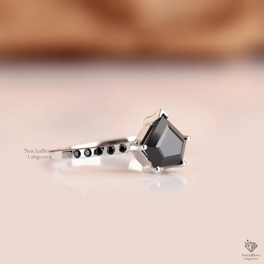 IGI Certified Pentagon Cut Black Lab Diamond Ring - 14K Gold Pave Statement Engagement Ring - Unique Geometric Bridal Jewelry Gift for her.