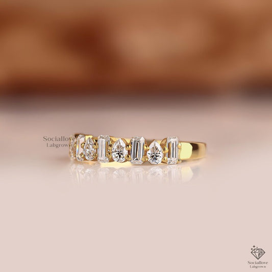 Pear and Emerald Lab Grown Diamond Wedding Band, Half Eternity Wedding Ring, Matching Band For Engagement Ring, Handmade Anniversary Gift.