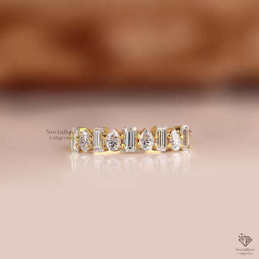 Pear and Emerald Lab Grown Diamond Wedding Band, Half Eternity Wedding Ring, Matching Band For Engagement Ring, Handmade Anniversary Gift.