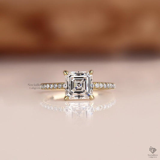 Asscher cut Lab Grown Diamond Engagement Ring Hidden Halo Ring 1 - 3 CT IGI Certified Solitaire Ring Side Pave Wedding Ring Anniversary Gift.