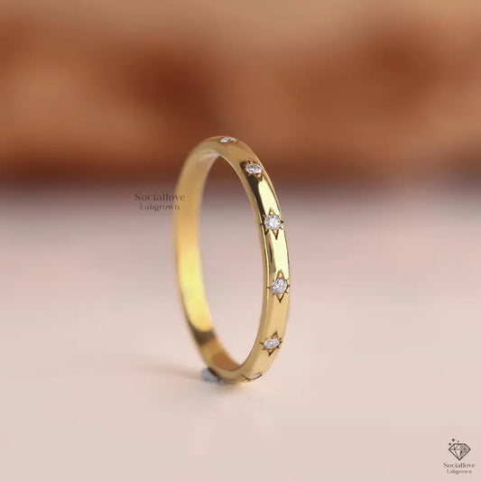 Diamond Star Wedding Band, Lab Grown Diamond Flush Set Ring, Celestial Stacking Band, Star and Moon Jewelry for Women Handmade Everyday Ring.