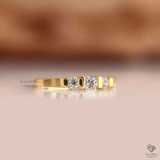Lab Grown Diamond Trio Ring - 14K Yellow Gold Three Stone Engagement Ring - Bezel Set Round Cut Diamond Ring for Women.