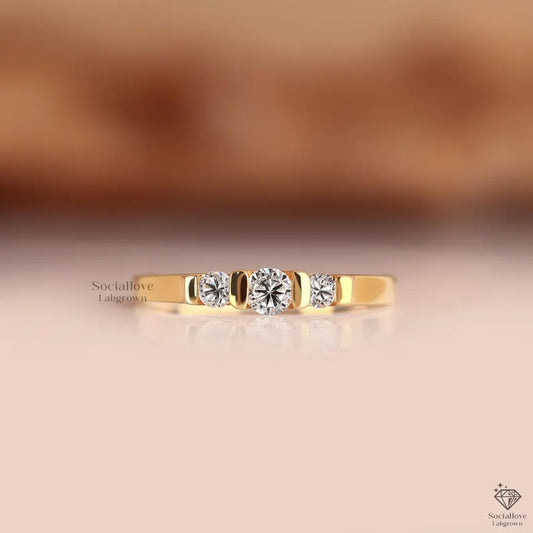 Lab Grown Diamond Trio Ring - 14K Yellow Gold Three Stone Engagement Ring - Bezel Set Round Cut Diamond Ring for Women.
