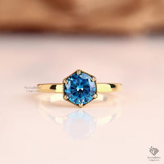 IGI Certified Vivid Blue Lab Grown Diamond Ring - Round Cut Vintage Milgrain Solitaire Engagement Ring in 14K Gold Gift for Women.