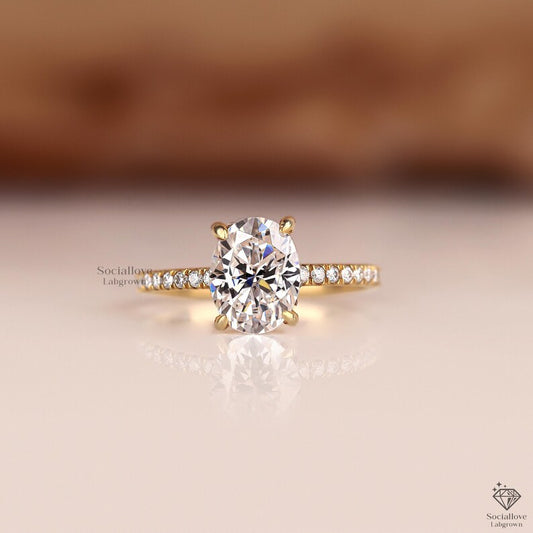 Oval Cut Lab Grown Diamond Engagement Ring, IGI Certified 0.5 - 3 CT Solitaire Diamond Ring, Pave Set Hidden Halo Wedding Ring, Gift For Her.