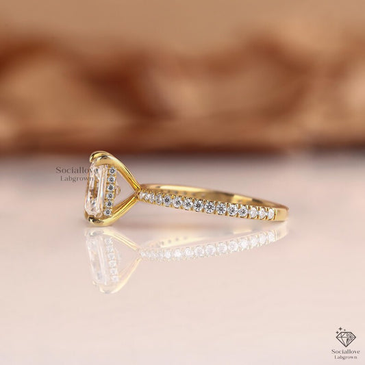 IGI Certified Radiant Cut Lab Grown Diamond Ring Pave Set Hidden Halo Engagement Ring 14K Gold 0.5 - 3 CT Solitaire Diamond with Side Stones Anniversary Gift for her.