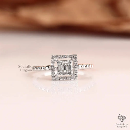 Lab Grown Diamond Step Cut Halo Ring Square Baguette Cluster Engagement Ring Beaded Shank Pave Wedding Band 14K Gold Art Deco Bridal Ring Gift for her.
