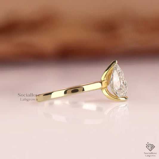Pear Cut Lab Grown Diamond Engagement Ring Half Bezel Set Solitaire IGI Certified 0.5 - 3 CT  14K Gold Minimalist Pear Ring Unique Wedding Ring Gift for her.