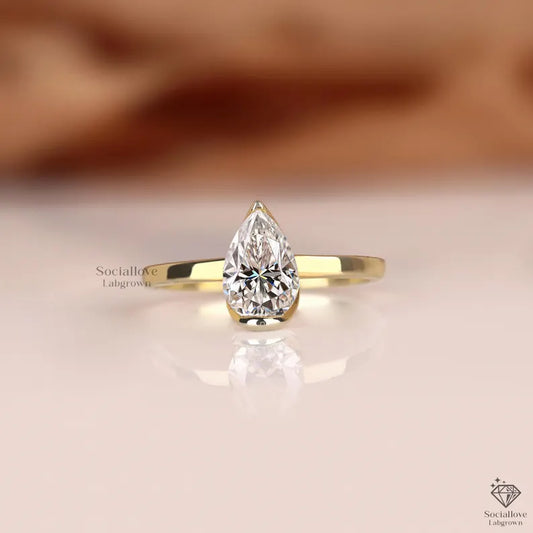 Pear Cut Lab Grown Diamond Engagement Ring Half Bezel Set Solitaire IGI Certified 0.5 - 3 CT  14K Gold Minimalist Pear Ring Unique Wedding Ring Gift for her.
