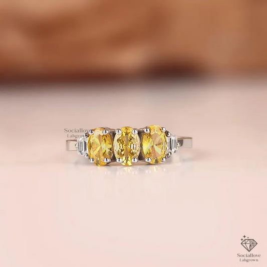 Fancy Yellow Oval Lab Grown Diamond Three Stone Ring | IGI Certified Canary Diamond Engagement Ring | Comfort Fit Wedding Band Gift for her.